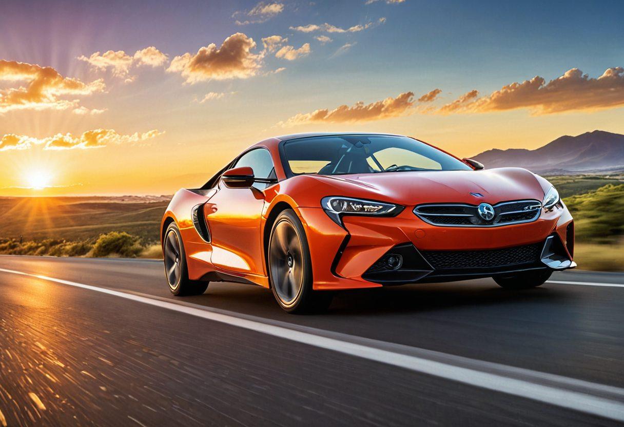 A sleek, modern car surrounded by icons representing various insurance products like coverage plans and safety features. The background features a winding road leading to a bright horizon, symbolizing a journey toward smart auto protection. The image should convey a sense of security and innovation in auto insurance. vibrant colors. super-realistic.