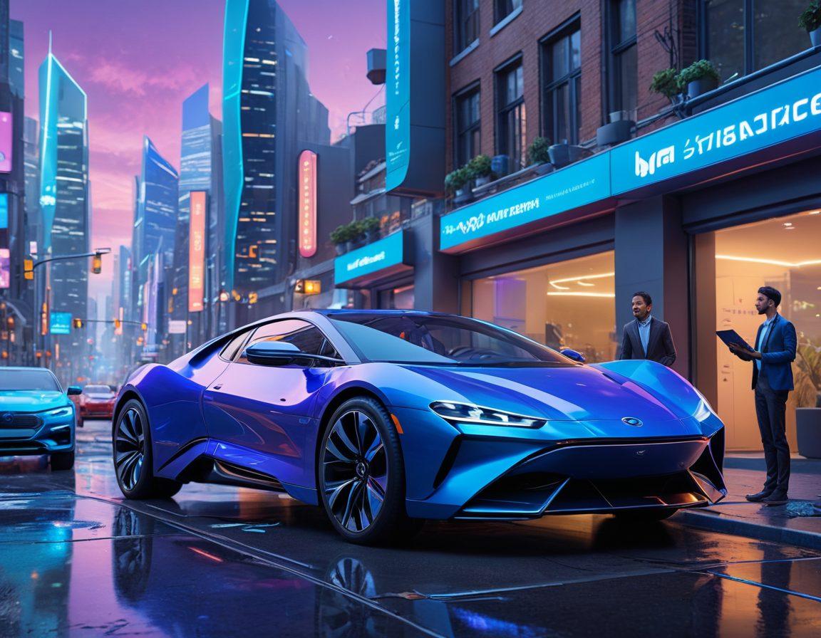 A futuristic cityscape with various vehicles showcasing different types of car insurance scenarios, such as a car getting repaired, another receiving an insurance claim approval, and a family happily driving a new car. Include digital elements like holographic interfaces displaying insurance options and smart technology features. The sky is a blend of blue and purple hues, symbolizing innovation and trust. super-realistic. vibrant colors. 3D.