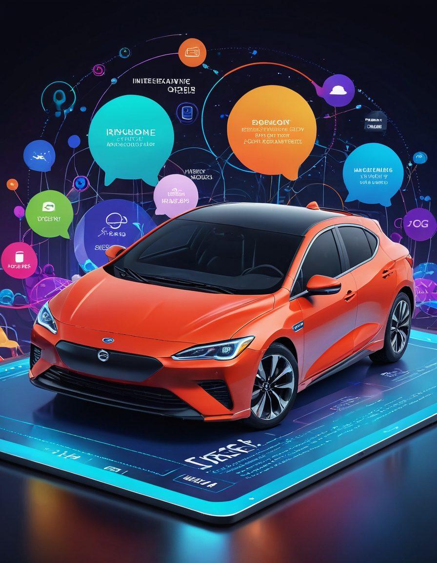 A modern digital landscape featuring a sleek car surrounded by floating quote bubbles that represent car insurance options. The background shows a digital interface with graphs and charts symbolizing coverage comparisons. Elements like a laptop and smartphone intertwined in the scene to indicate technology's role in insurance navigation. Bright, engaging colors for a vibrant look that resonates with the tech-savvy reader. vector art. vibrant colors.